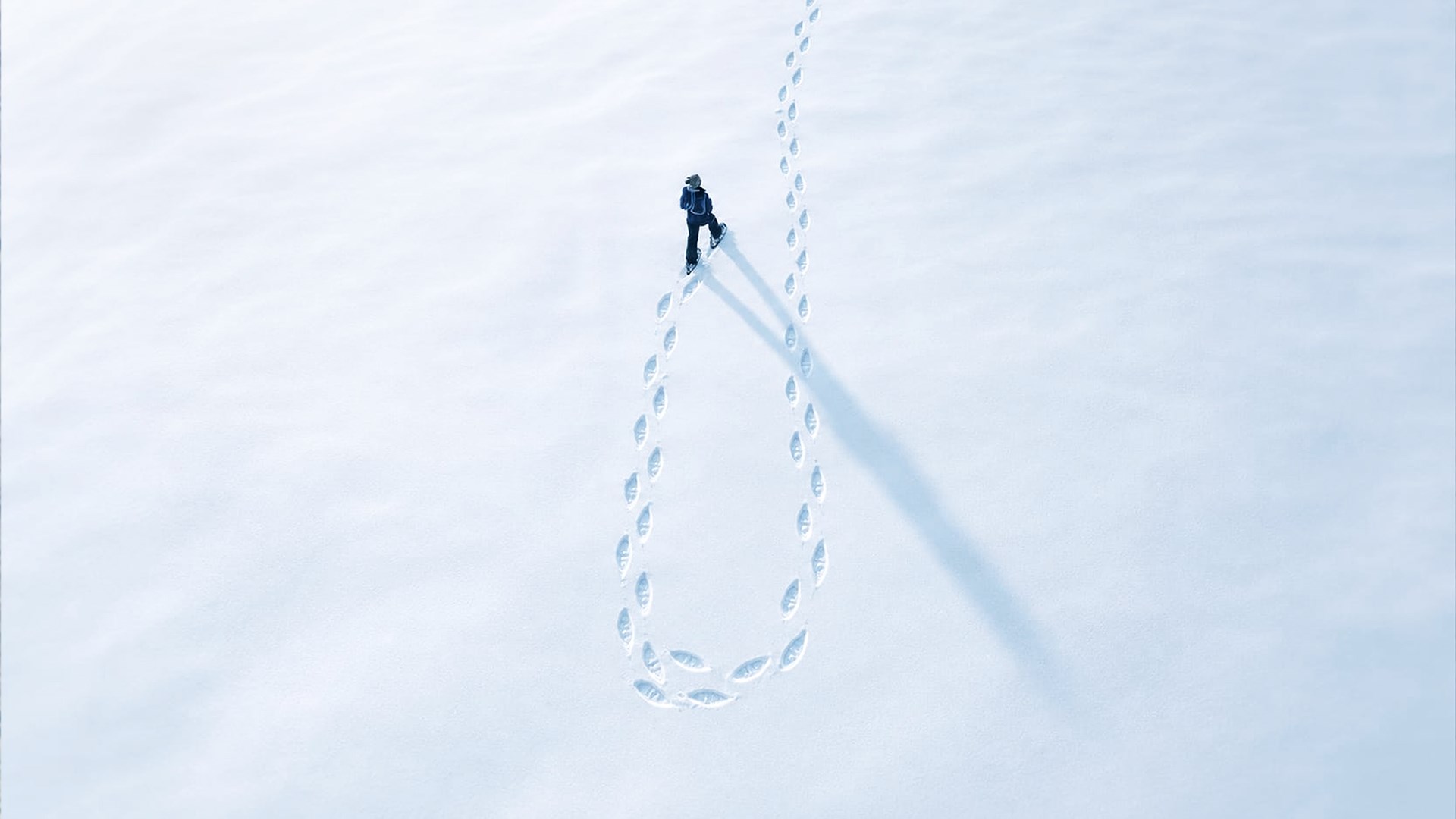 Seen from above, a lone figure snowshoes across unbroken snow, their tracks looping back on themselves — retracing the path is the only way to see where it went wrong.