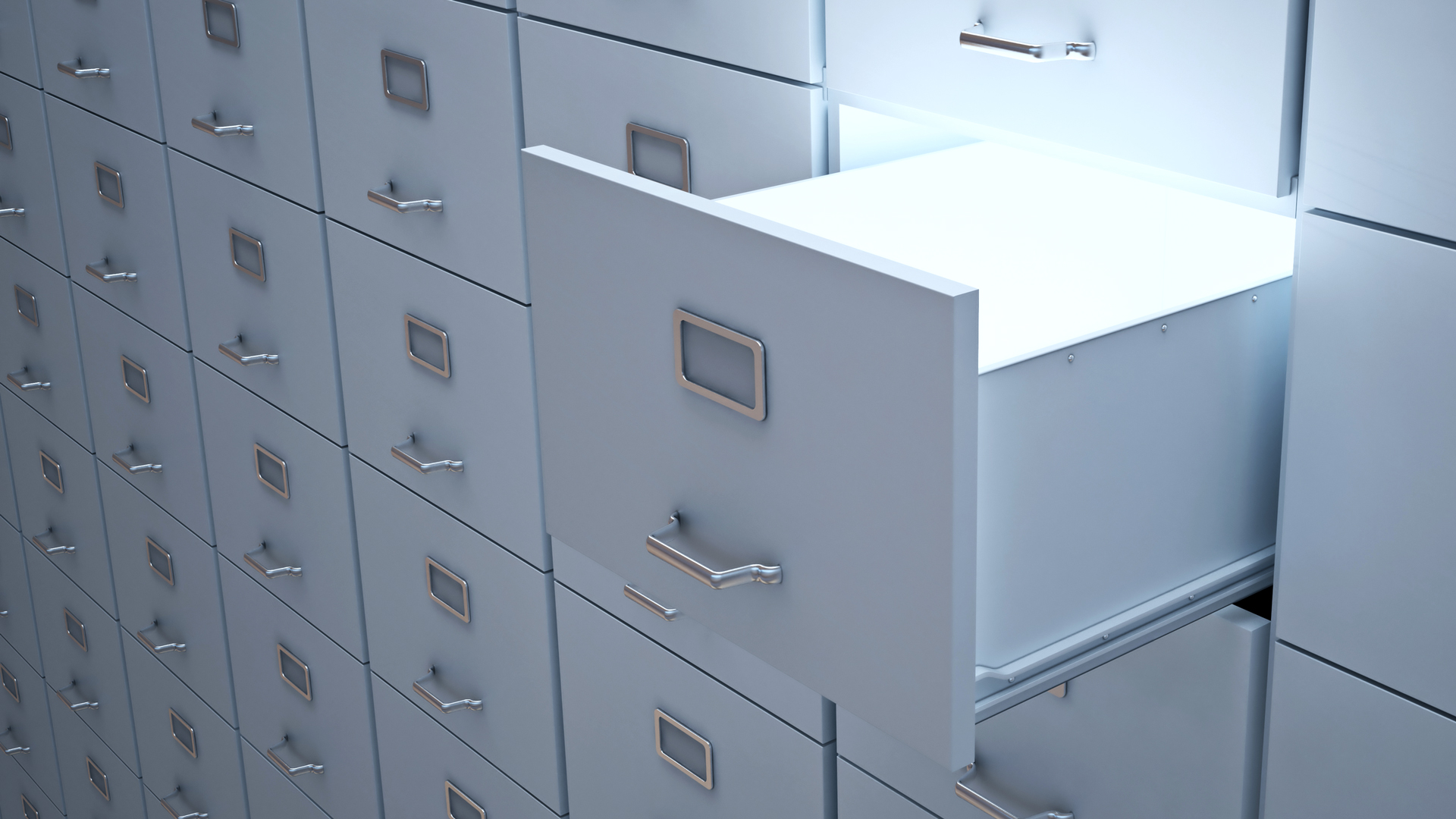 Rows of pale grey filing cabinets stretching in every direction, with a single drawer pulled open to reveal that it is empty — total recall, no answers.