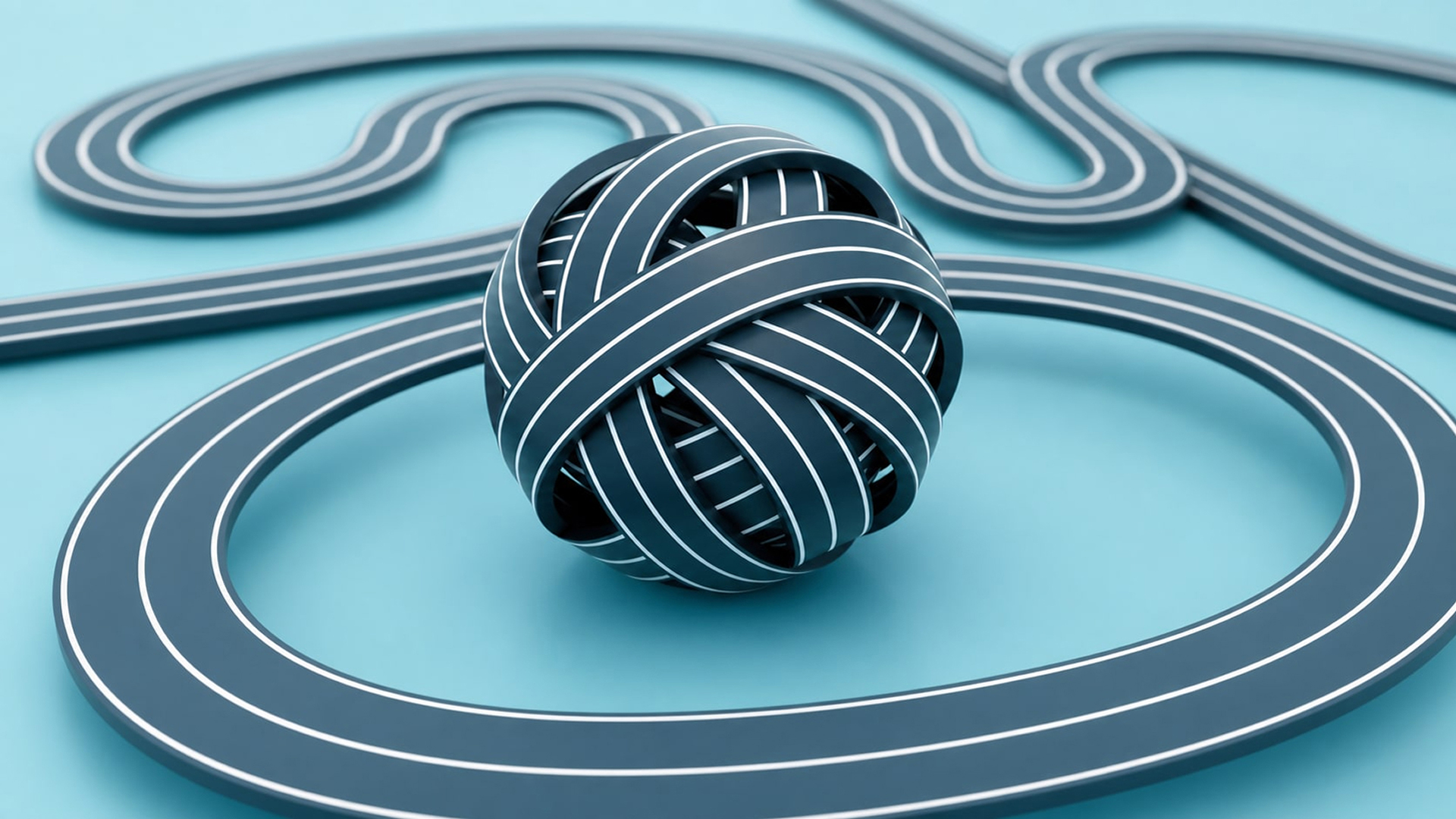 A sphere woven from interlocking striped roads resting among looping racetrack curves on a pale blue surface — many separate threads tangled into a single knot.