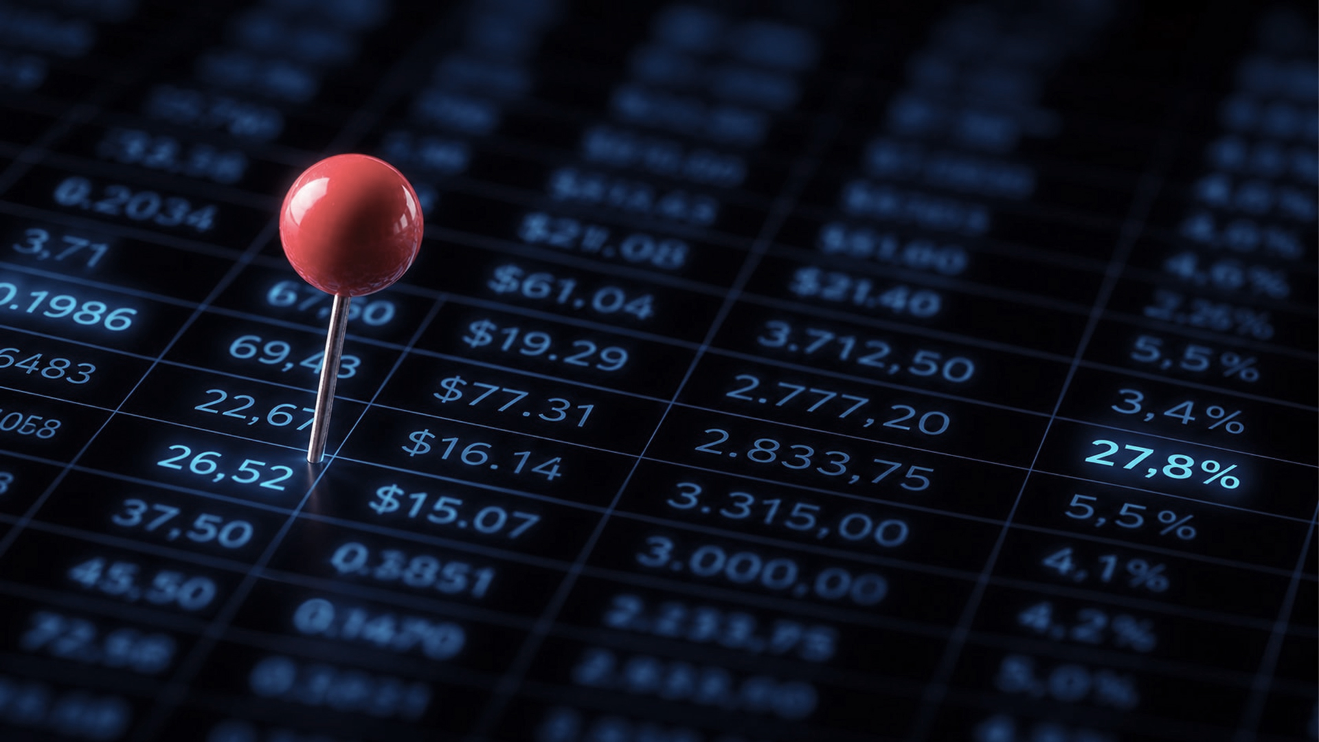 A red pushpin planted on a dark financial data table, marking one glowing blue figure among thousands — the single number that needs a closer look.