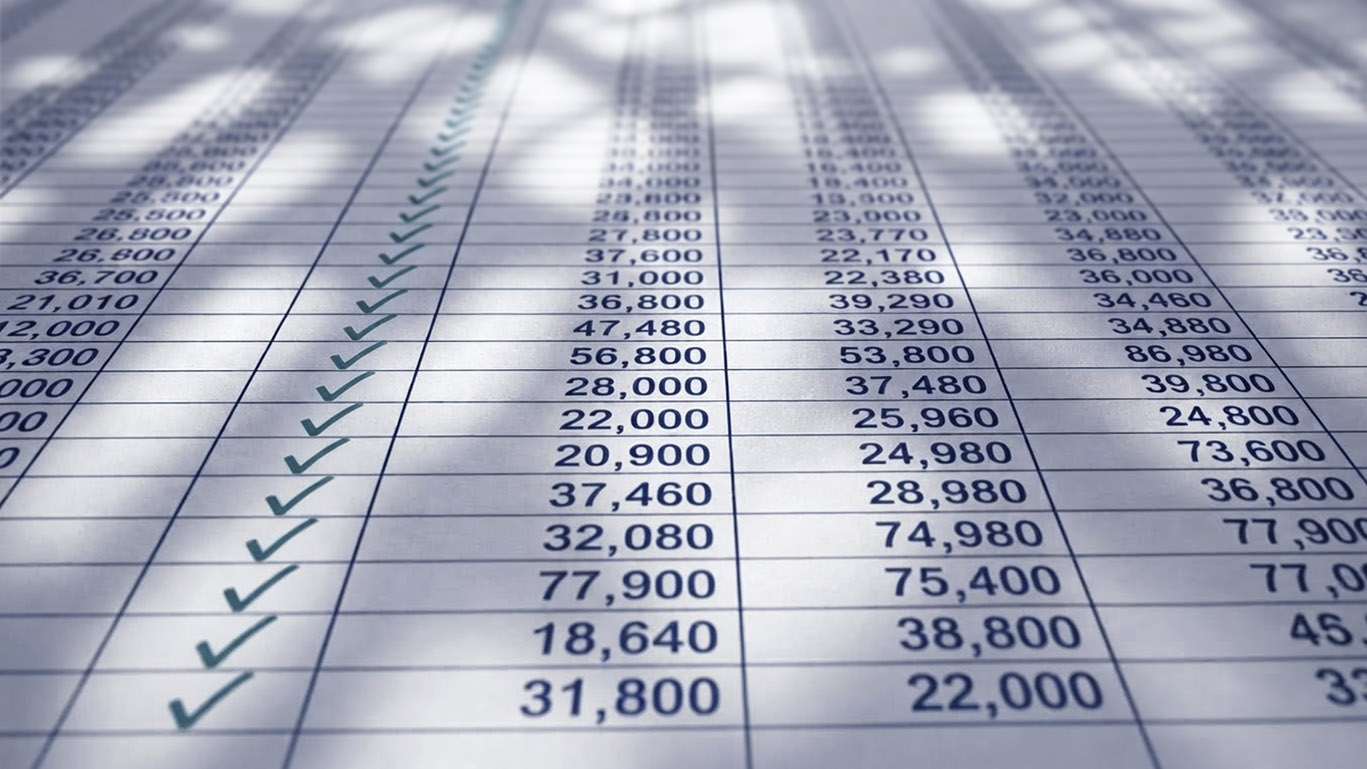 A printed spreadsheet seen at a low angle under dappled window light — columns of figures run into the distance, and a neat column of teal check marks sits beside every row, each one ticked off.