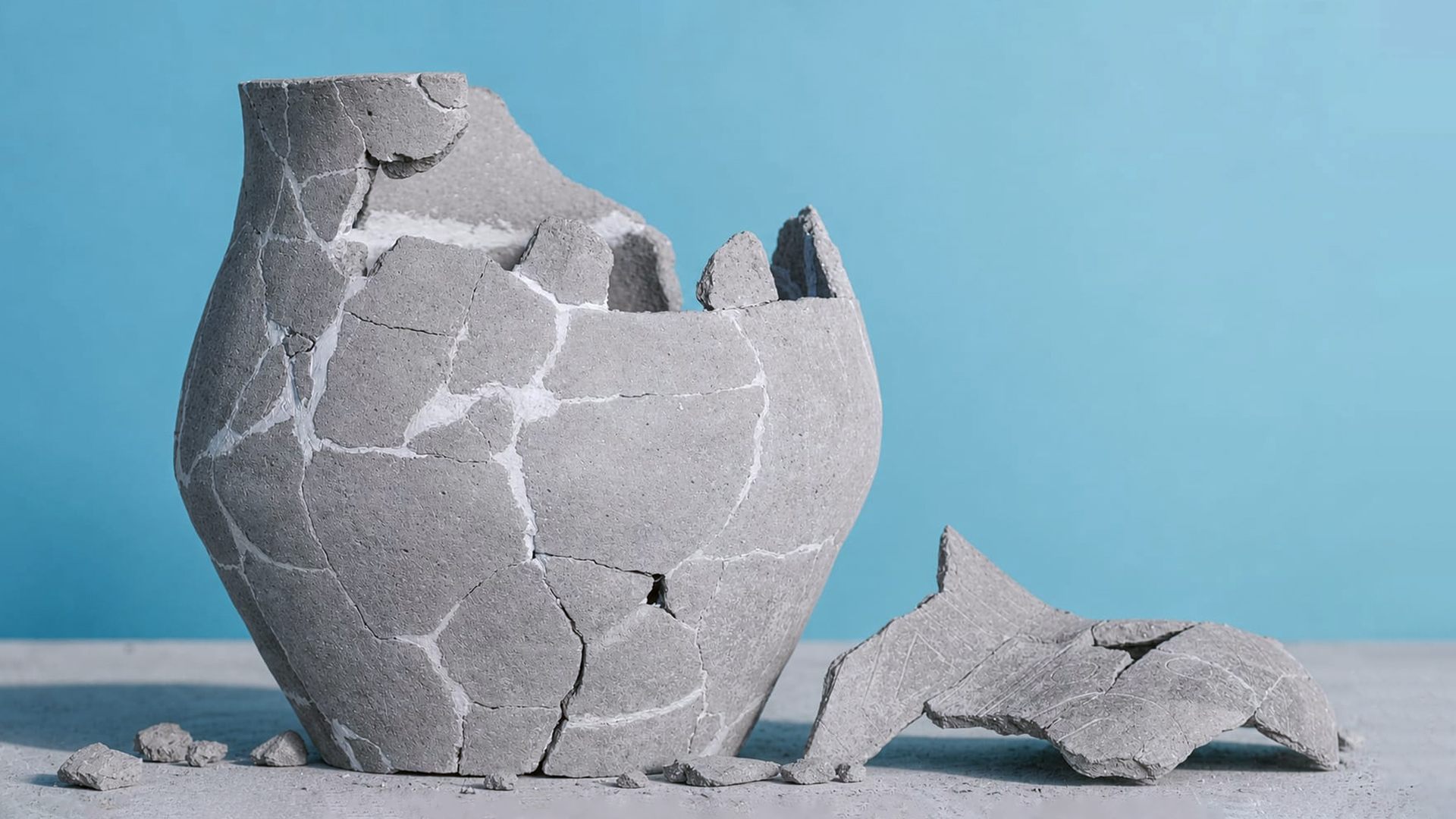 A shattered grey stoneware vase pieced back together with pale seams, standing against a sky-blue backdrop with fragments still scattered beside it — reconstruction as the real work after a failure.