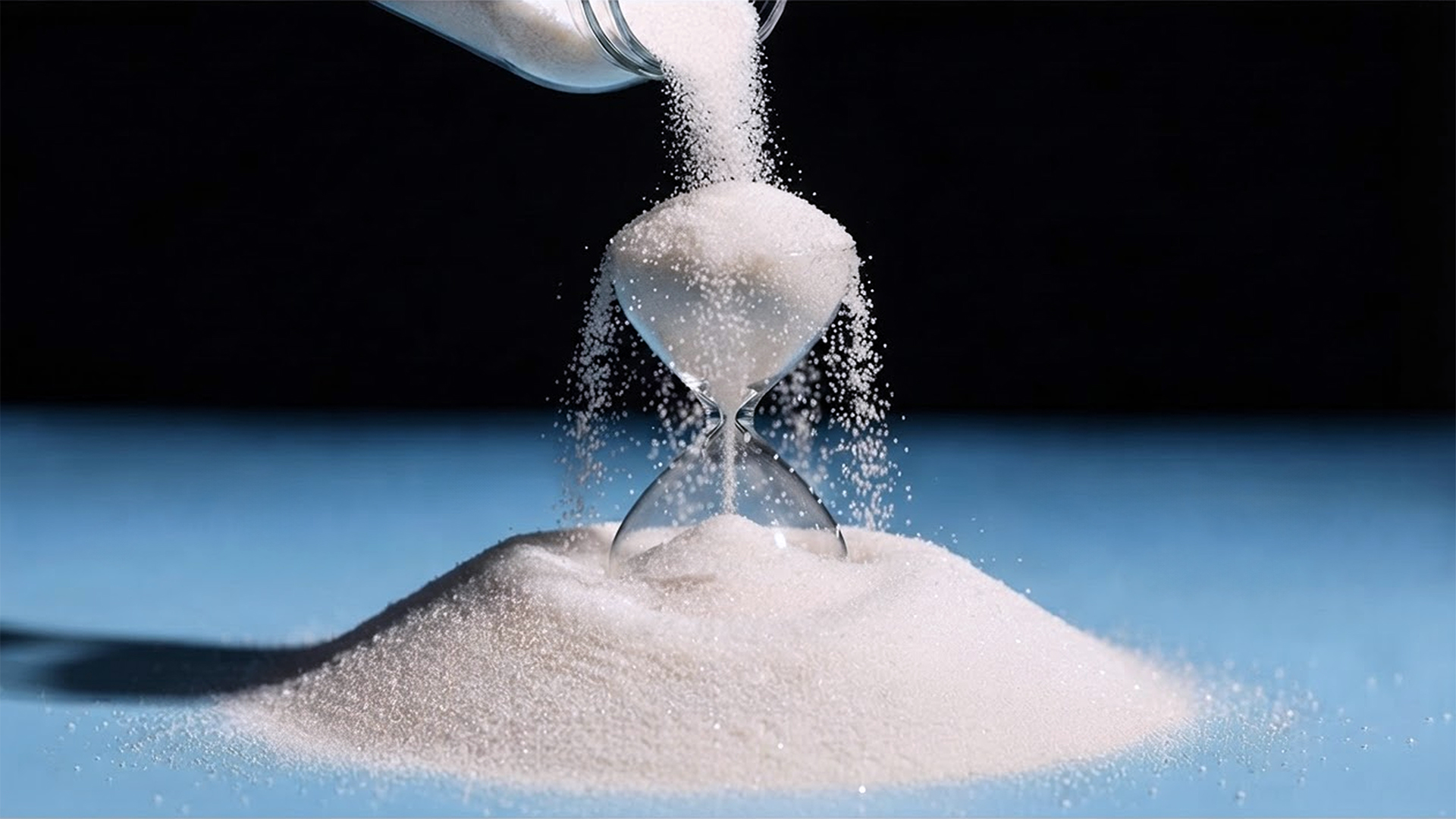 White sand pouring from a tipped glass jar into an hourglass on a pale blue surface — the upper bulb overflows and the excess spills down the sides into a growing pile around its base.