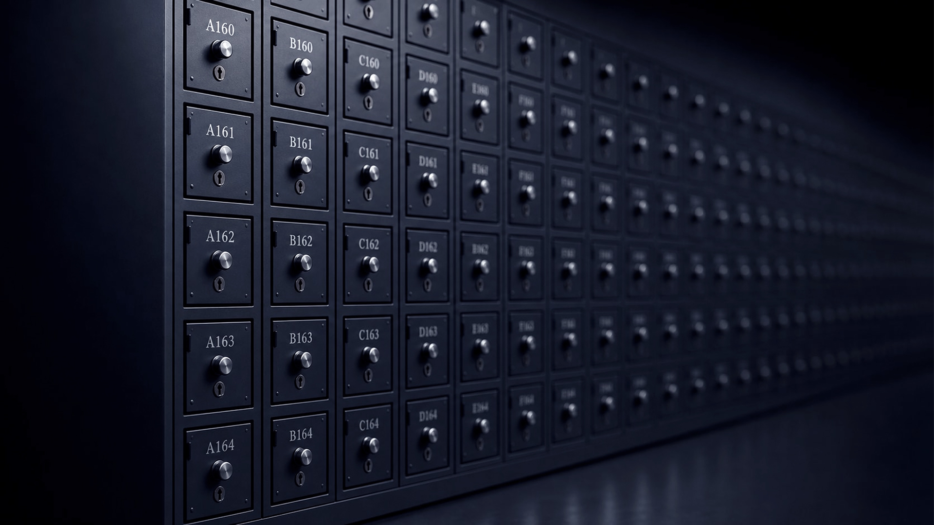 A wall of identical dark deposit boxes labelled A160, B160, C160 and onward, each with the same steel knob and keyhole, receding out of focus into shadow — nothing on any door says which one is worth opening first.